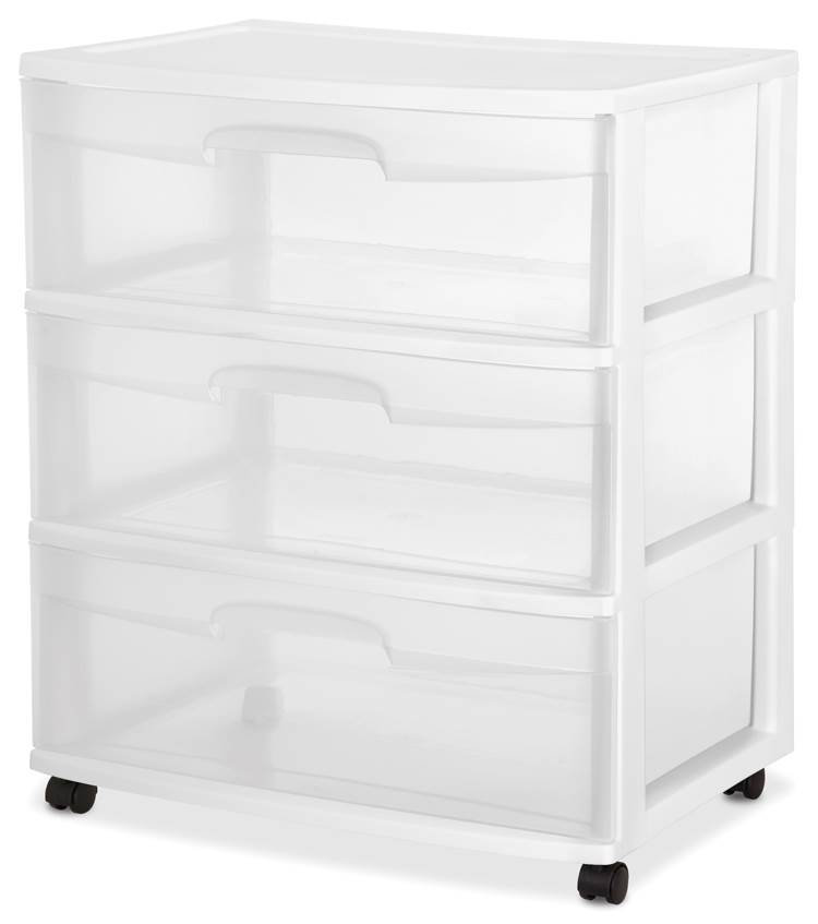 Sterilite At Home 3 Drawer Wide Storage Cart Container with Casters (Set of 4)